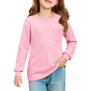 Haloumoning Girls Long Sleeve Shirts Kids Crewneck Soft Tunic Tops Basic Casual T-Shirts 5-14 Years with Pocket(Pink)