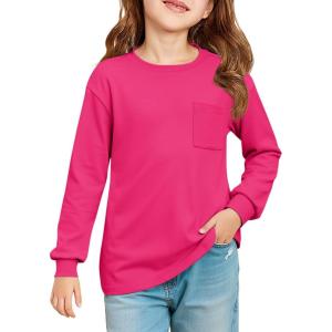 Haloumoning Girls Long Sleeve Shirts Kids Crewneck Soft Tunic Tops Basic Casual T-Shirts 5-14 Years with Pocket(Rose Red)