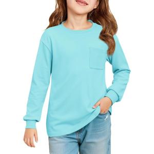 Haloumoning Girls Long Sleeve Shirts Kids Crewneck Soft Tunic Tops Basic Casual T-Shirts 5-14 Years with Pocket(Sky Blue)
