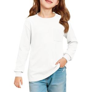 Haloumoning Girls Long Sleeve Shirts Kids Crewneck Soft Tunic Tops Basic Casual T-Shirts 5-14 Years with Pocket(White)