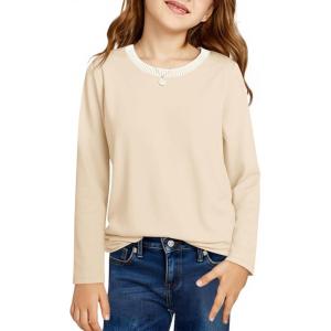Haloumoning Girls Long Sleeve Shirts Kids Crewneck T-Shirts Tops Cute Fall Blouse Tees 5-14 Years(Apricot)