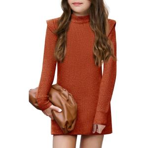 Haloumoning Girls Long Sleeve Sweater Dress Kids Casual Crewneck Knitted Pullover Jumpers 5-14 Years(Orange)