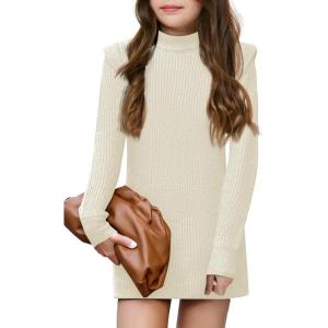 Haloumoning Girls Long Sleeve Sweater Dress Kids Casual Crewneck Knitted Pullover Jumpers 5-14 Years(Rice White)