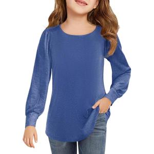 Haloumoning Girls Puff Long Sleeve Shirts Kids Casual Crewneck Soft Tunic Tops Blouse 5-14 Years(Navy Blue)