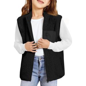 Haloumoning Girls Sherpa Fleece Vest Kids Fall Winter Full Zip Fuzzy Outerwear Jacket with Pockets 5-14Y(Black)