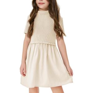 Haloumoning Girls Short Sleeve Mock Neck Dress Summer Casual Dresses A-Line Swing Elegant Sundress(Apricot)
