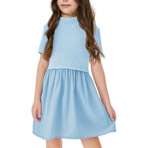 Haloumoning Girls Short Sleeve Mock Neck Dress Summer Casual Dresses A-Line Swing Elegant Sundress(Blue)