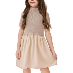 Haloumoning Girls Short Sleeve Mock Neck Dress Summer Casual Dresses A-Line Swing Elegant Sundress(Khaki)