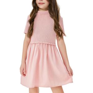 Haloumoning Girls Short Sleeve Mock Neck Dress Summer Casual Dresses A-Line Swing Elegant Sundress(Pink)