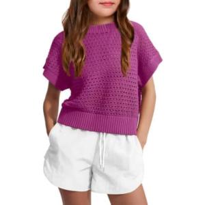 Haloumoning Girls Short Sleeve T Shirt Crewneck Knit Crop Top Hollow Out Pullovers Sweater 5-14 Years(Hot Pink)