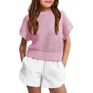 Haloumoning Girls Short Sleeve T Shirt Crewneck Knit Crop Top Hollow Out Pullovers Sweater 5-14 Years(Pink)