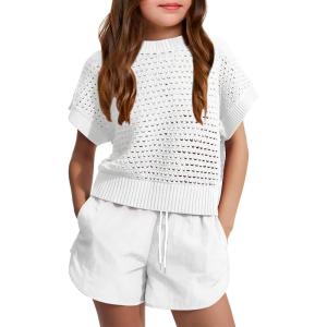 Haloumoning Girls Short Sleeve T Shirt Crewneck Knit Crop Top Hollow Out Pullovers Sweater 5-14 Years(White)