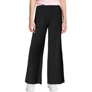 Haloumoning Girls Solid Rib Knit Wide Leg Pants Elastic Waist Flowy Casual Sweater Pants 5-14 Years(Black)