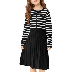 Haloumoning Girls Sweater Dress Knit Long Sleeve Striped A Line Pleated Fall Winter Dresses 5-14 Years(Black)