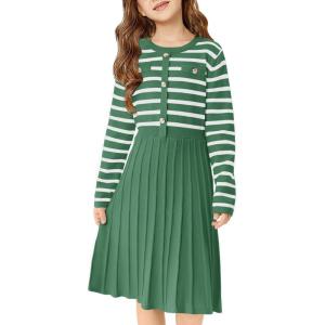 Haloumoning Girls Sweater Dress Knit Long Sleeve Striped A Line Pleated Fall Winter Dresses 5-14 Years(Blackish Green)
