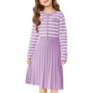 Haloumoning Girls Sweater Dress Knit Long Sleeve Striped A Line Pleated Fall Winter Dresses 5-14 Years(Lilac)