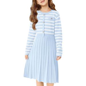 Haloumoning Girls Sweater Dress Knit Long Sleeve Striped A Line Pleated Fall Winter Dresses 5-14 Years(Sky Blue)