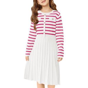 Haloumoning Girls Sweater Dress Knit Long Sleeve Striped A Line Pleated Fall Winter Dresses 5-14 Years(White)
