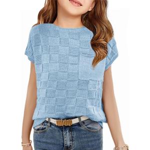 Haloumoning Girls Tops Summer Cute Vest Kids Cap Sleeve Crewneck Tanks Knit Loose Tops with Pocket 5-14 Years(Blue)
