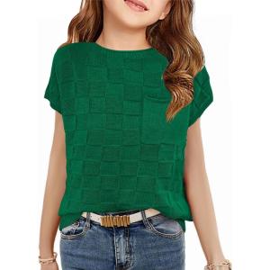 Haloumoning Girls Tops Summer Cute Vest Kids Cap Sleeve Crewneck Tanks Knit Loose Tops with Pocket 5-14 Years(Green)