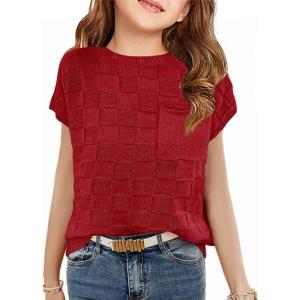 Haloumoning Girls Tops Summer Cute Vest Kids Cap Sleeve Crewneck Tanks Knit Loose Tops with Pocket 5-14 Years(Red)
