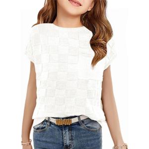 Haloumoning Girls Tops Summer Cute Vest Kids Cap Sleeve Crewneck Tanks Knit Loose Tops with Pocket 5-14 Years(White)