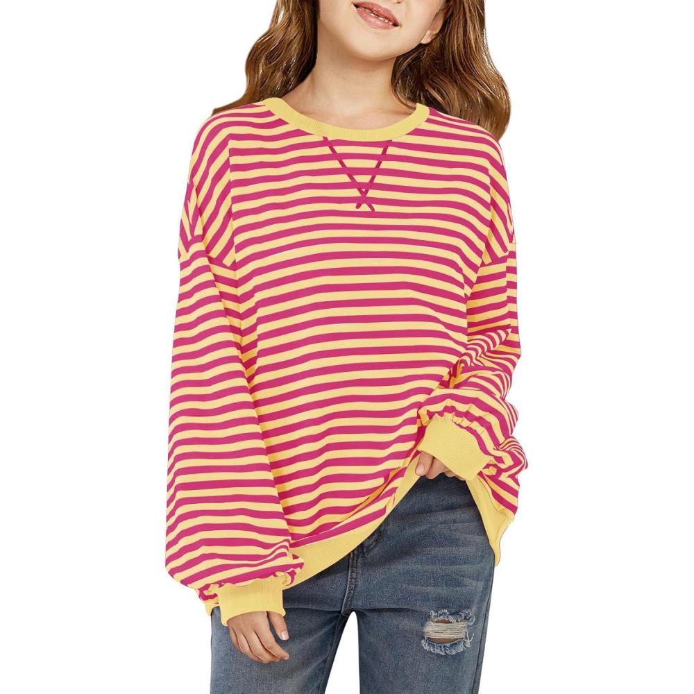 image:imageHaloumoning Girls Striped Crewneck Sweatshirt Kids Long Sleeve Oversized Fashion Pullover Tops Fall Clothes 514 YearsRose Red