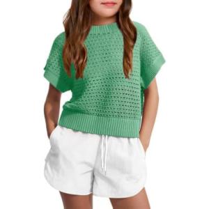 Haloumoning Girls Short Sleeve T Shirt Crewneck Knit Crop Top Hollow Out Pullovers Sweater 5-14 Years(Green)
