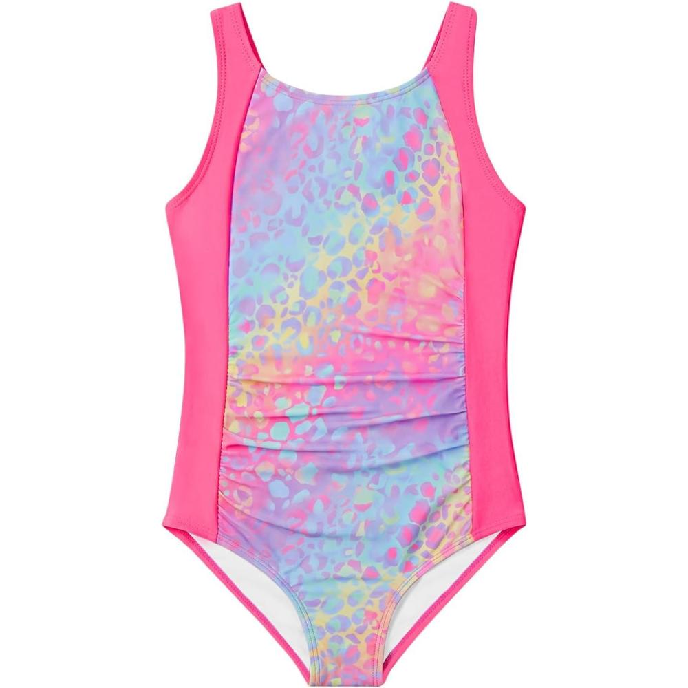 image:imageHaloumoning Girl Swimsuit Kids Ruched Adjustable Straps One Piece Bathing Suit Cute Printed Quick Dry Swimwear 514 YearsHot Pink