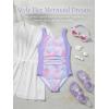 Haloumoning Girl Swimsuit Kids Ruched Adjustable Straps One Piece Bathing Suit Cute Printed Quick Dry Swimwear 5-14 Years(Light Purple)