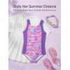 Haloumoning Girl Swimsuit Kids Ruched Adjustable Straps One Piece Bathing Suit Cute Printed Quick Dry Swimwear 5-14 Years(Purple)