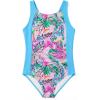 Haloumoning Girl Swimsuit Kids Ruched Adjustable Straps One Piece Bathing Suit Cute Printed Quick Dry Swimwear 5-14 Years(Lake Blue)