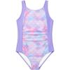Haloumoning Girl Swimsuit Kids Ruched Adjustable Straps One Piece Bathing Suit Cute Printed Quick Dry Swimwear 5-14 Years(Light Purple)