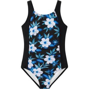 Haloumoning Girl Swimsuit Kids Ruched Adjustable Straps One Piece Bathing Suit Cute Printed Quick Dry Swimwear 5-14 Years(Black)
