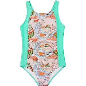 Haloumoning Girl Swimsuit Kids Ruched Adjustable Straps One Piece Bathing Suit Cute Printed Quick Dry Swimwear 5-14 Years(Blue Green)