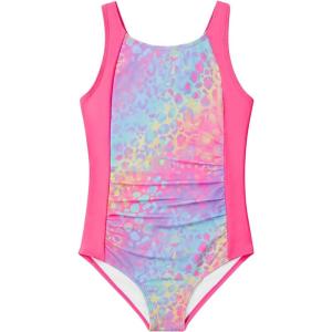 Haloumoning Girl Swimsuit Kids Ruched Adjustable Straps One Piece Bathing Suit Cute Printed Quick Dry Swimwear 5-14 Years(Hot Pink)