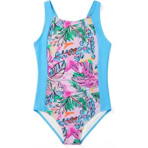 Haloumoning Girl Swimsuit Kids Ruched Adjustable Straps One Piece Bathing Suit Cute Printed Quick Dry Swimwear 5-14 Years(Lake Blue)
