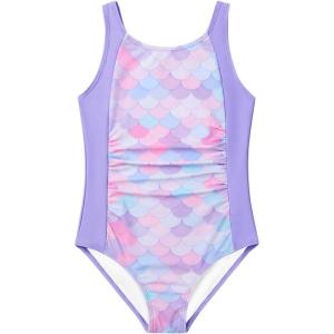 Haloumoning Girl Swimsuit Kids Ruched Adjustable Straps One Piece Bathing Suit Cute Printed Quick Dry Swimwear 5-14 Years(Light Purple)