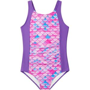 Haloumoning Girl Swimsuit Kids Ruched Adjustable Straps One Piece Bathing Suit Cute Printed Quick Dry Swimwear 5-14 Years(Purple)