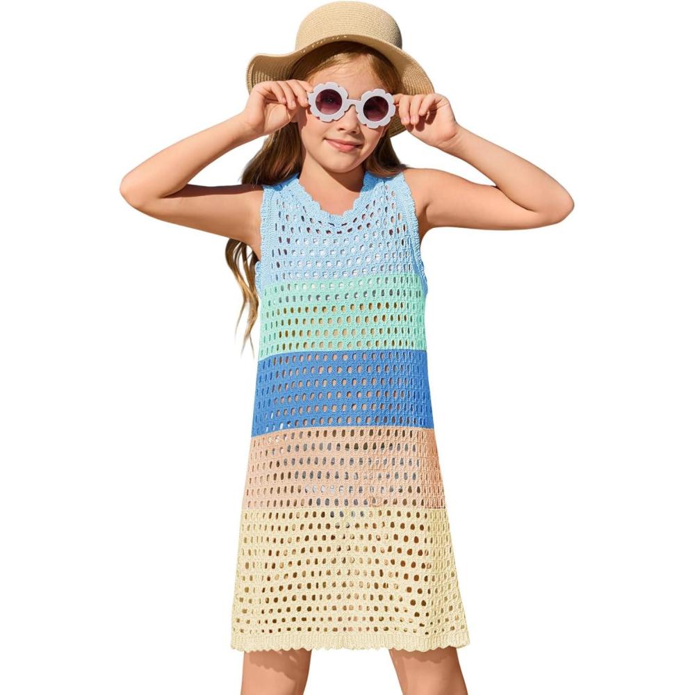 image:imageHaloumoning Girls Color Block Crochet Knit Swim Cover up Kids Summer Sleeveless Beach Dress 514 YearsSky Blue