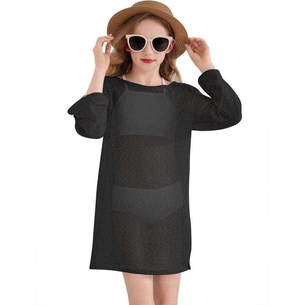 image:imageHaloumoning Girls Crochet Long Sleeve Beach Cover Up Kids Fashion Hollow Out Swimwear with Split Hem 514 YearsBlack