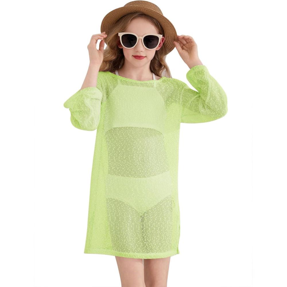 image:imageHaloumoning Girls Crochet Long Sleeve Beach Cover Up Kids Fashion Hollow Out Swimwear with Split Hem 514 YearsLight Green