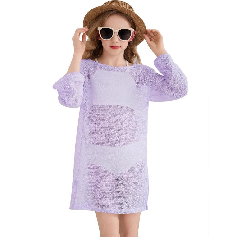 image:imageHaloumoning Girls Crochet Long Sleeve Beach Cover Up Kids Fashion Hollow Out Swimwear with Split Hem 514 YearsLight Purple