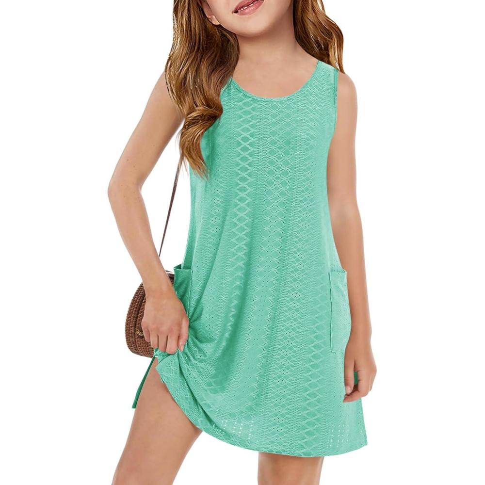 image:imageHaloumoning Girls Eyelet Swimsuit Cover Up Kids Casual Sleeveless Summer Beach Dress Coverups with Pockets 514 YearsMint Green