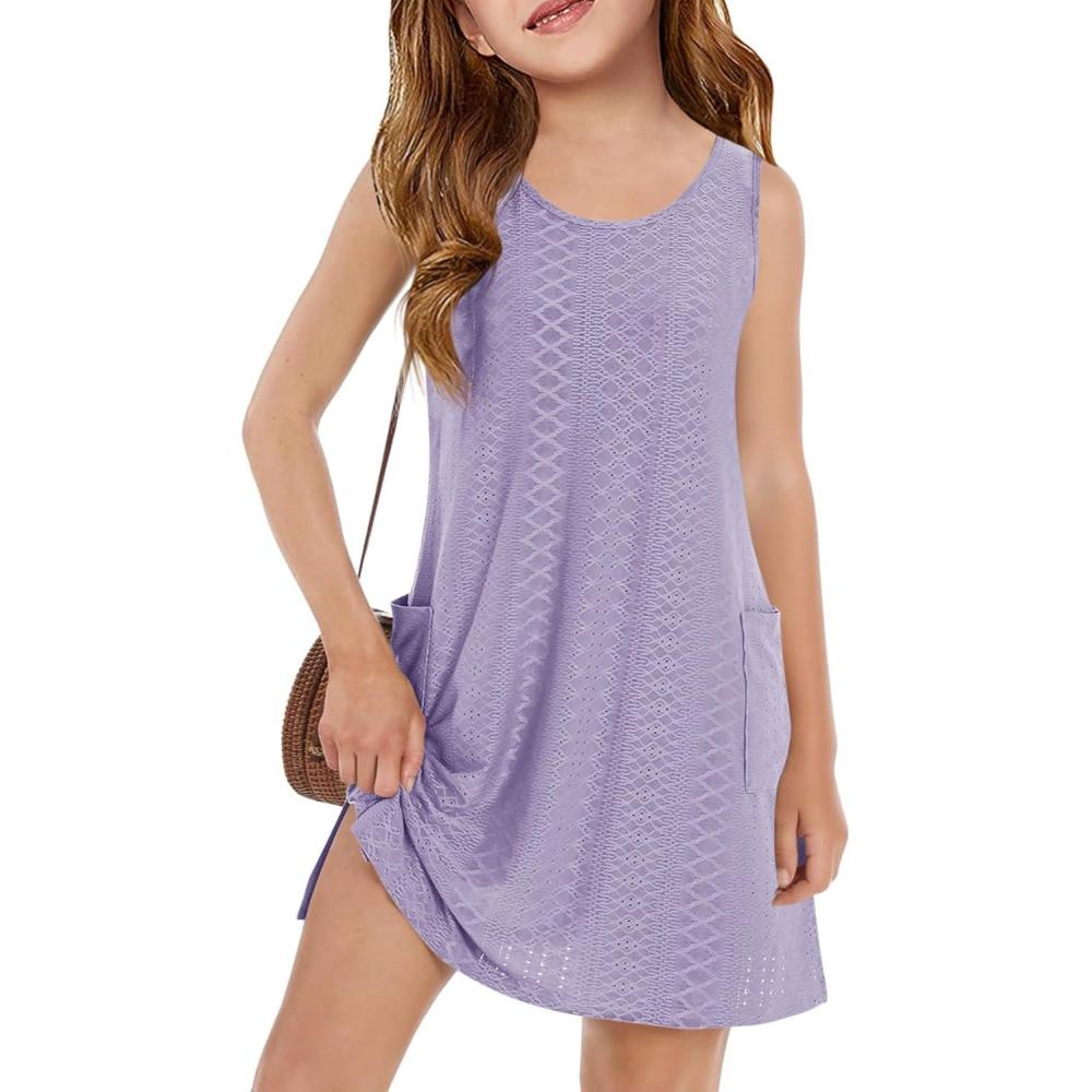 image:imageHaloumoning Girls Eyelet Swimsuit Cover Up Kids Casual Sleeveless Summer Beach Dress Coverups with Pockets 514 YearsPurple