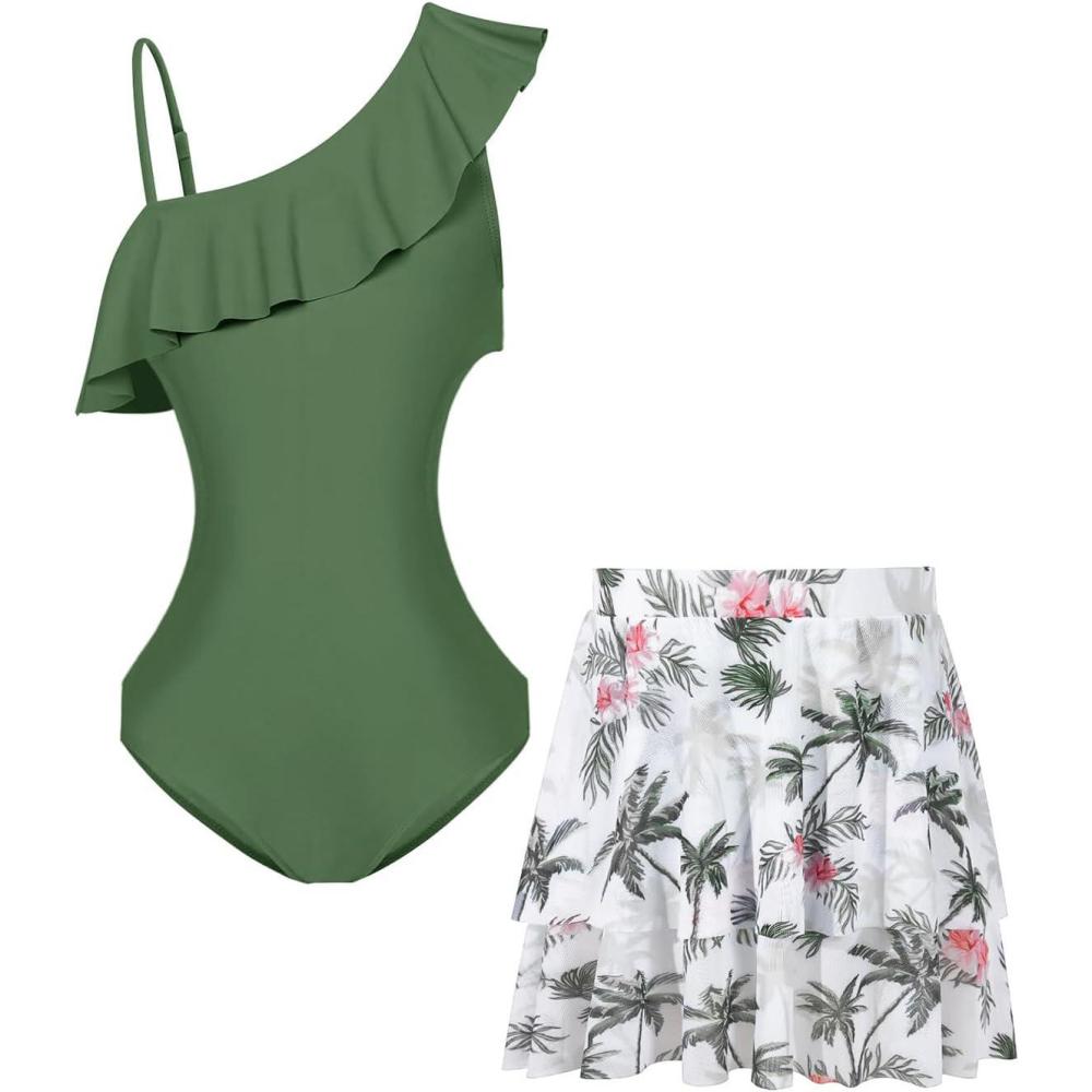 image:imageHaloumoning Girls One Piece Swimsuits with Mesh Skirt Ruffle One Shoulder Cut Out Bathing Suit Swimwear 514Y