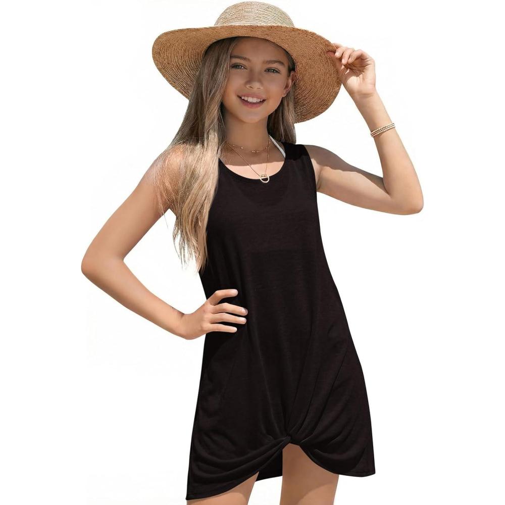 image:imageHaloumoning Girls Sleeveless Swim Cover Up Kids Summer Swimsuit Coverup Twist Front Beach Dress 514YBlack