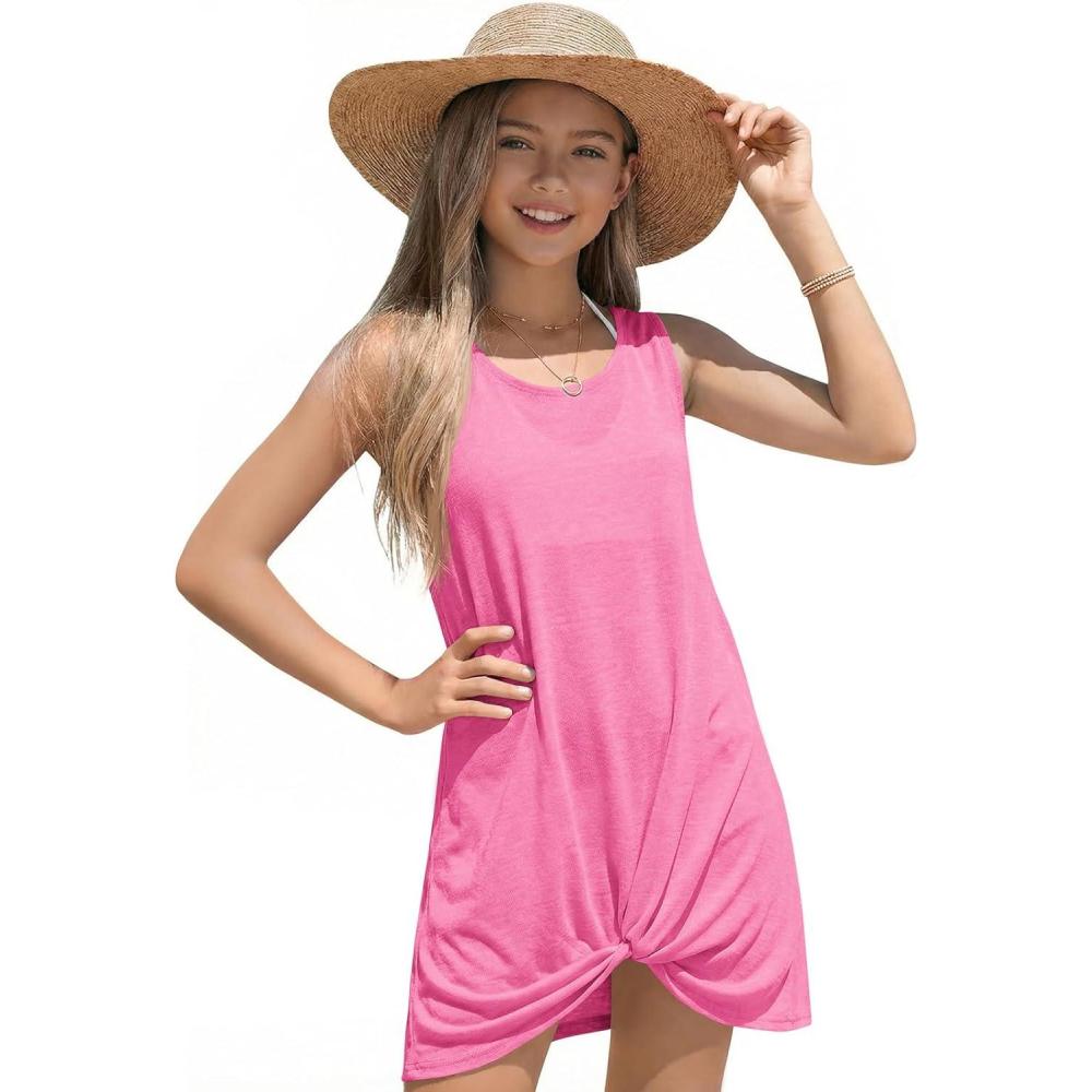 image:imageHaloumoning Girls Sleeveless Swim Cover Up Kids Summer Swimsuit Coverup Twist Front Beach Dress 514YHot Pink