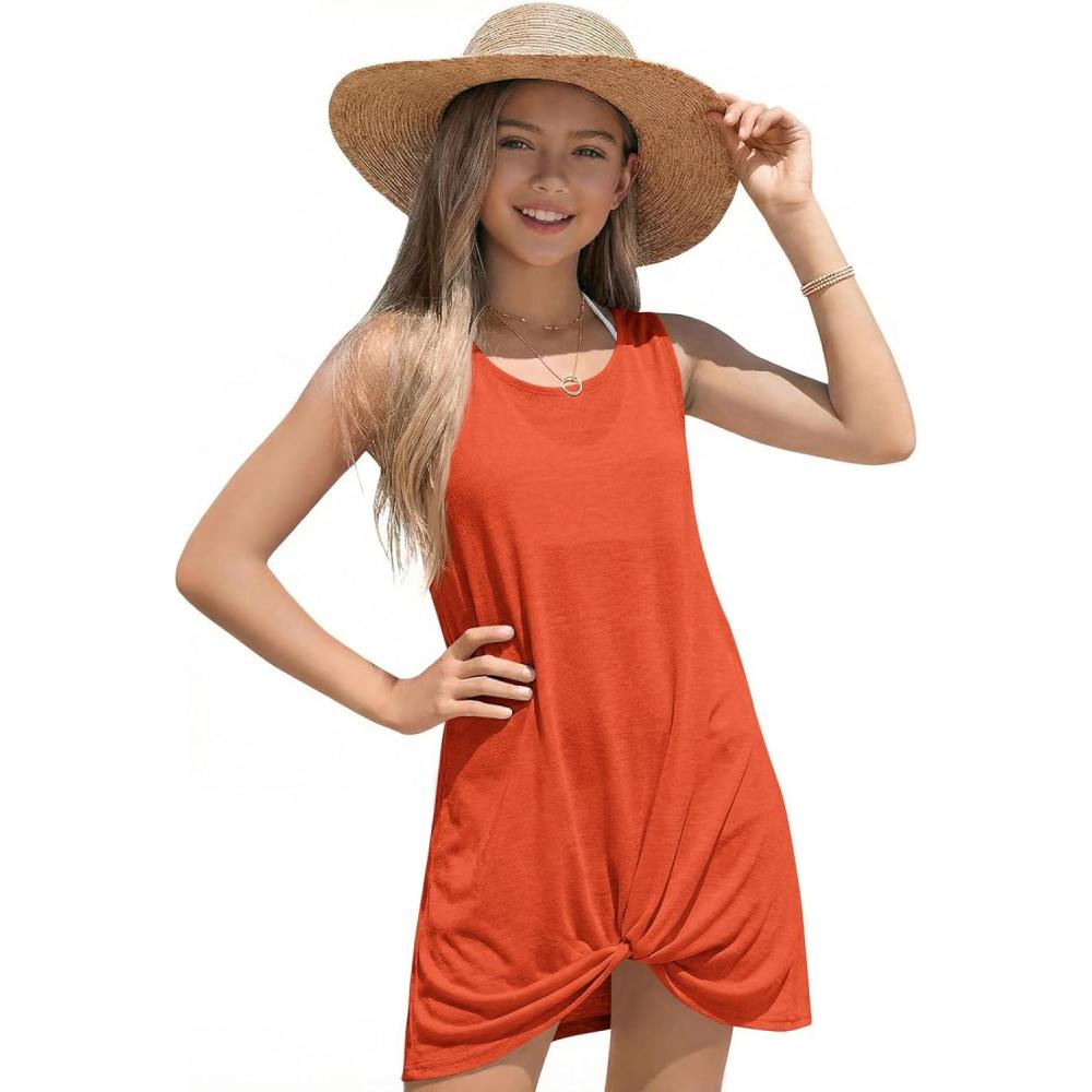 image:imageHaloumoning Girls Sleeveless Swim Cover Up Kids Summer Swimsuit Coverup Twist Front Beach Dress 514YOrange Red