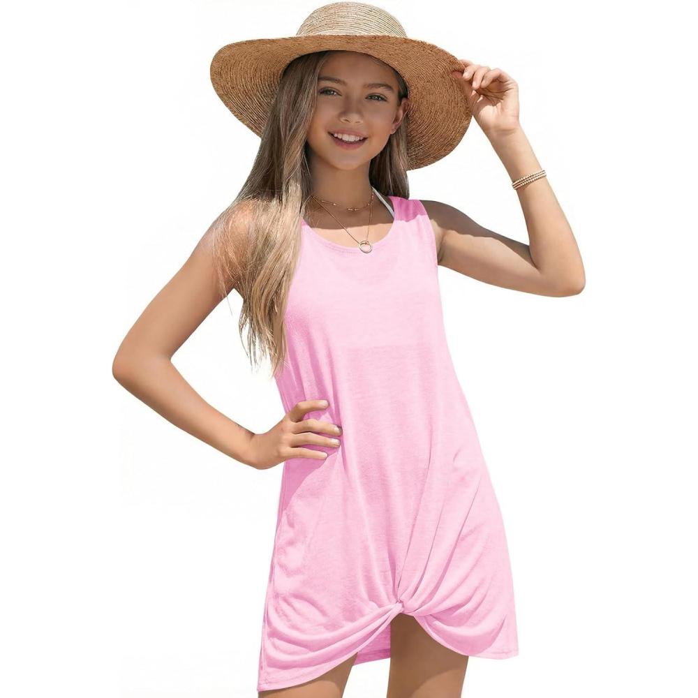 image:imageHaloumoning Girls Sleeveless Swim Cover Up Kids Summer Swimsuit Coverup Twist Front Beach Dress 514YPink